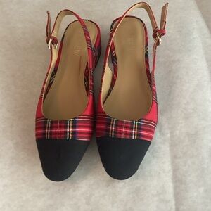 J. Crew Plaid Slingback Flats in Red and Black